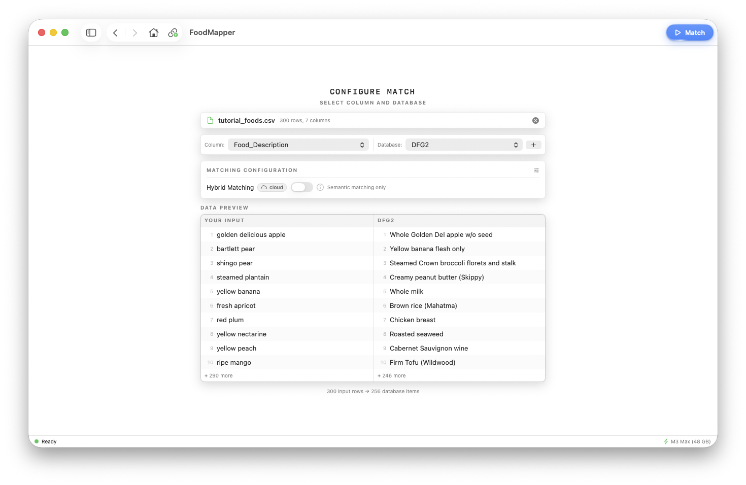 Configure Match page with loaded CSV, column picker, and database selection